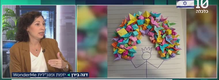 דנה בירן מתראיינת באולפן ערוץ 10, לצד יצירה צבעונית מוונדר-מי